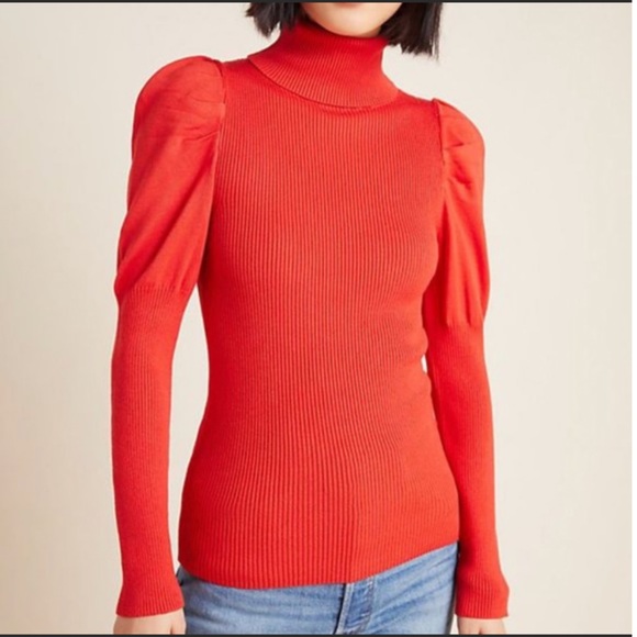 Anthropologie Sweaters - Anthropologie Cecilia Red Puff Sleeve
Ribbed Sweater Size Medium
